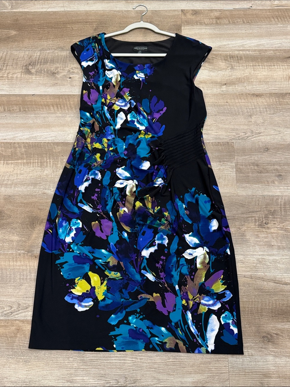 Connected Apparel Floral Print Cap Sleeve Sheath Dress Boat Neckline Side Ruched